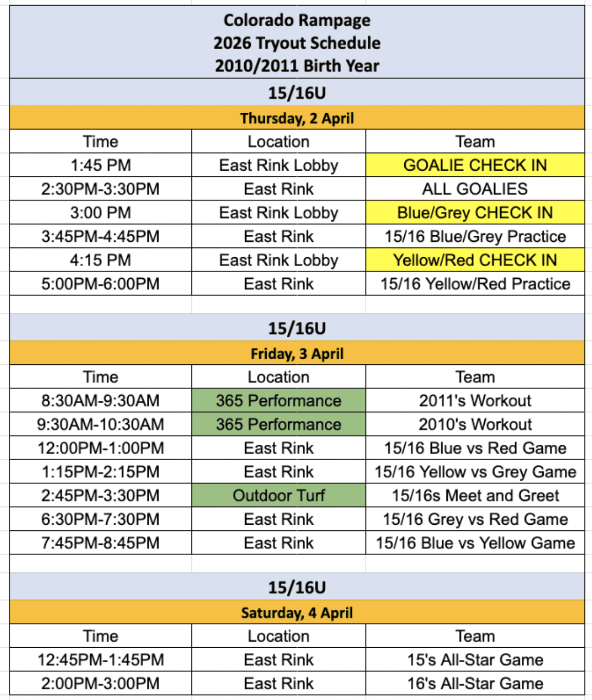 15.16U Tryout Schedule 2026