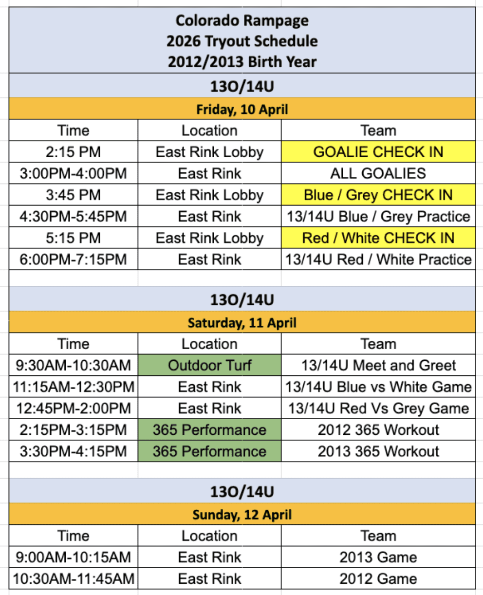 13.14U Tryout Schedule 2026