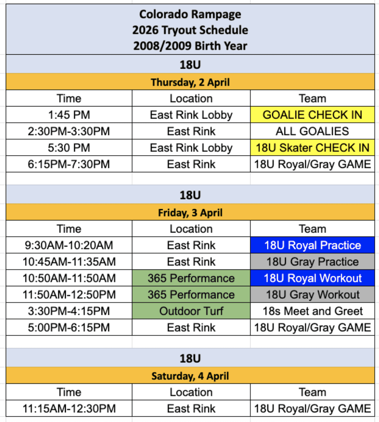 18U Tryout Schedule 2026